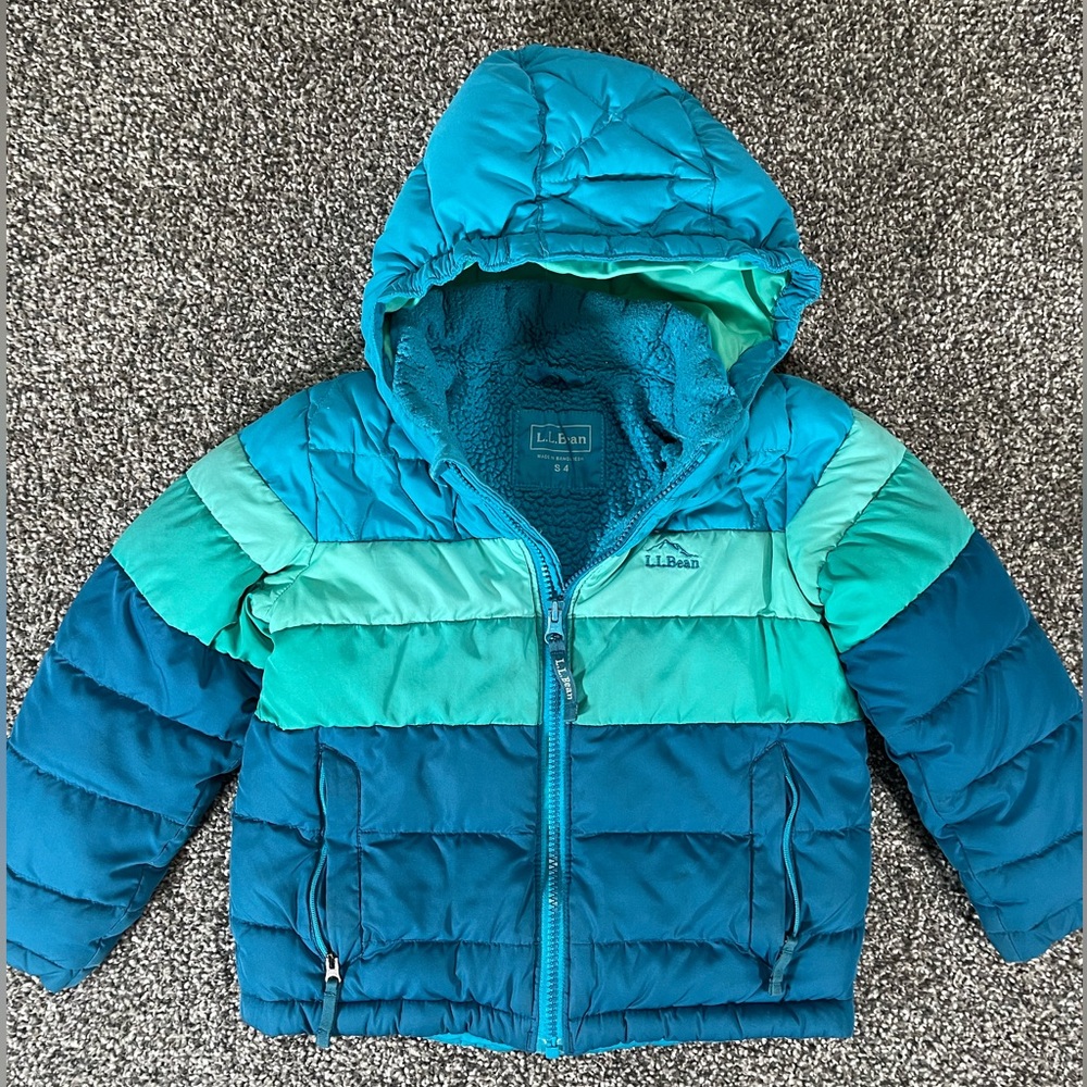 LL Bean Kids S4 Down Jacket Fleece Lined Colorblock Aqua Blue Outerwear Hooded